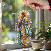 Goddess Acrylic Suncatcher, Elegant Woman with Bow and Deer Window Hanging, Mythical Stained Glass Style Art Nouveau Home Decor Gift